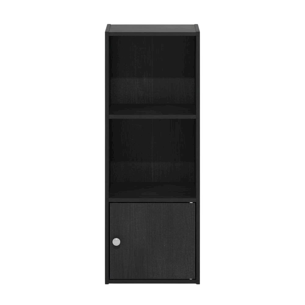 Black 3-Tier Bookcase with Door Storage and Wood Finish