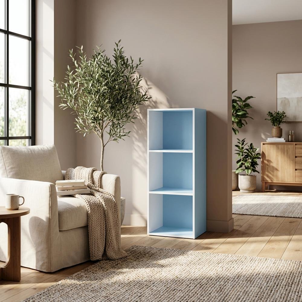White and Light Blue 3-Tier Open Shelf Bookcase with Spacious Storage