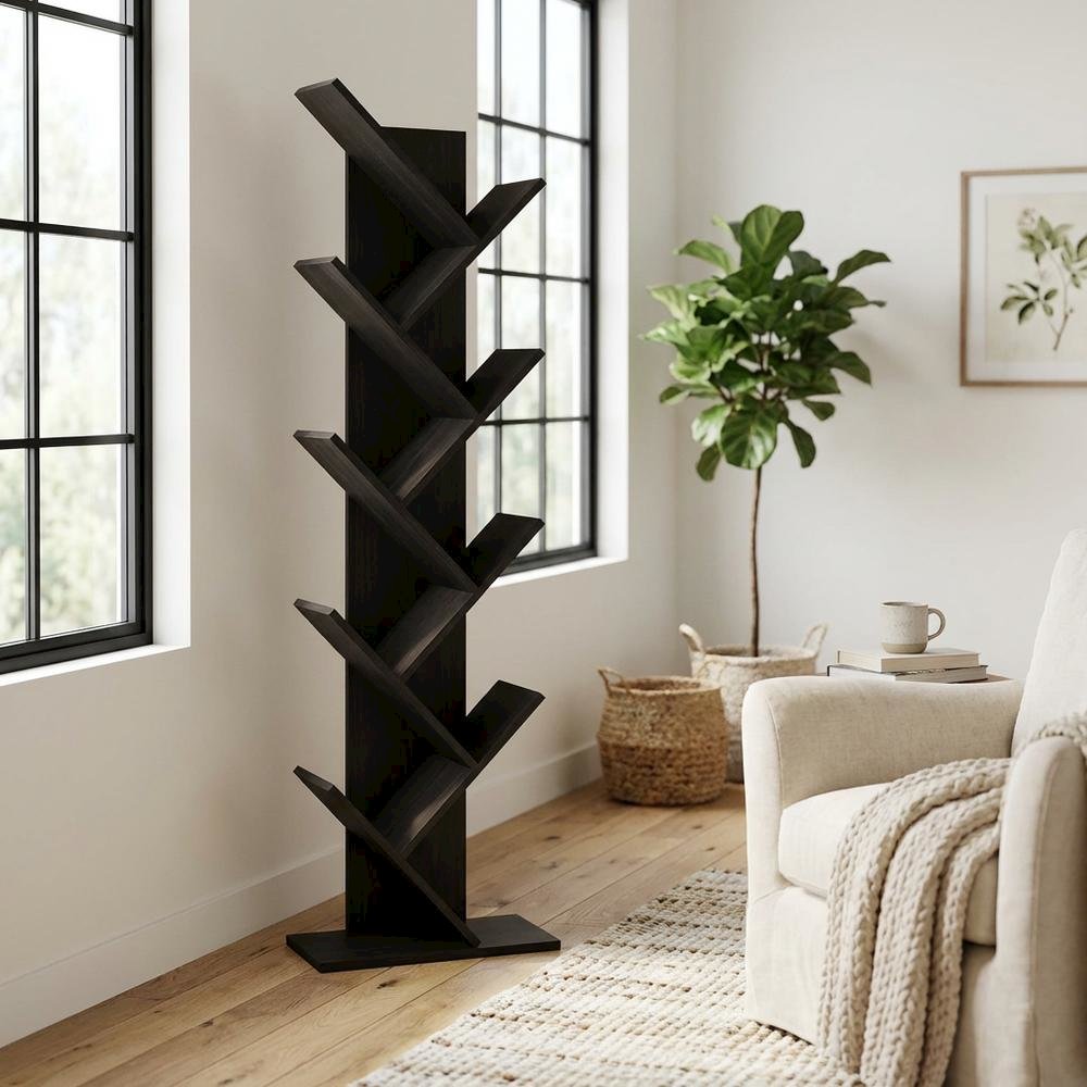 Espresso 9-Tier Floor Bookcase with Wooden Shelving for Storage and Display