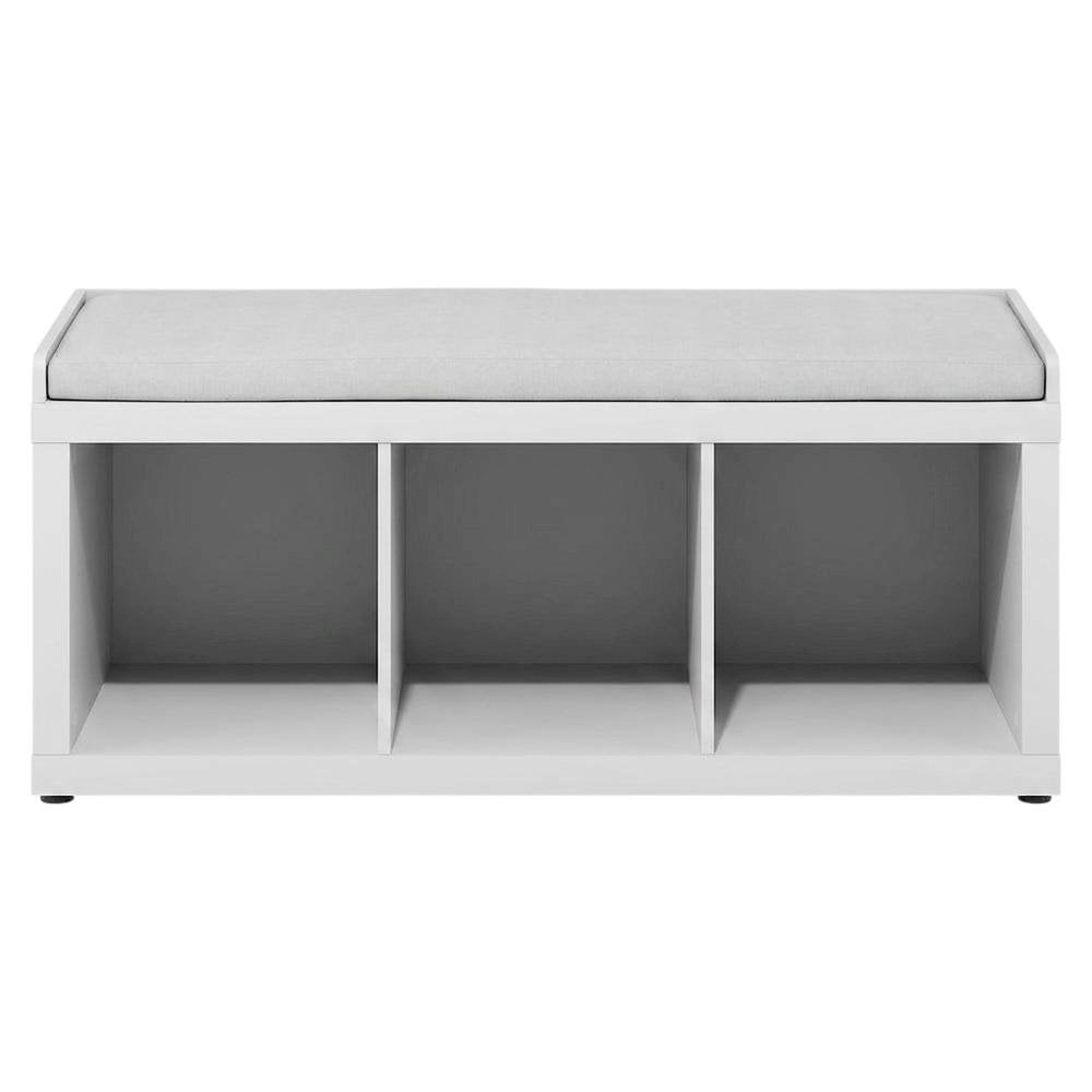 White 3-Cube Storage Bench, Cushioned Seat, Open Compartments, Entryway Bench