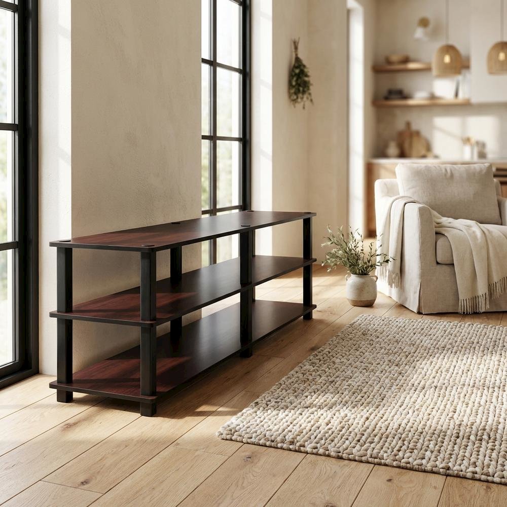 Dark Cherry/Black TV Stand with 3 Tiers and Engineered Wood Storage
