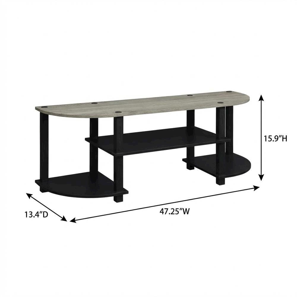 Wide TV entertainment center in French Oak Grey, black, wood, PVC tubes