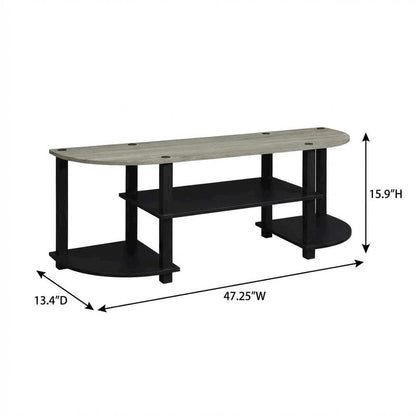 Wide TV entertainment center in French Oak Grey, black, wood, PVC tubes