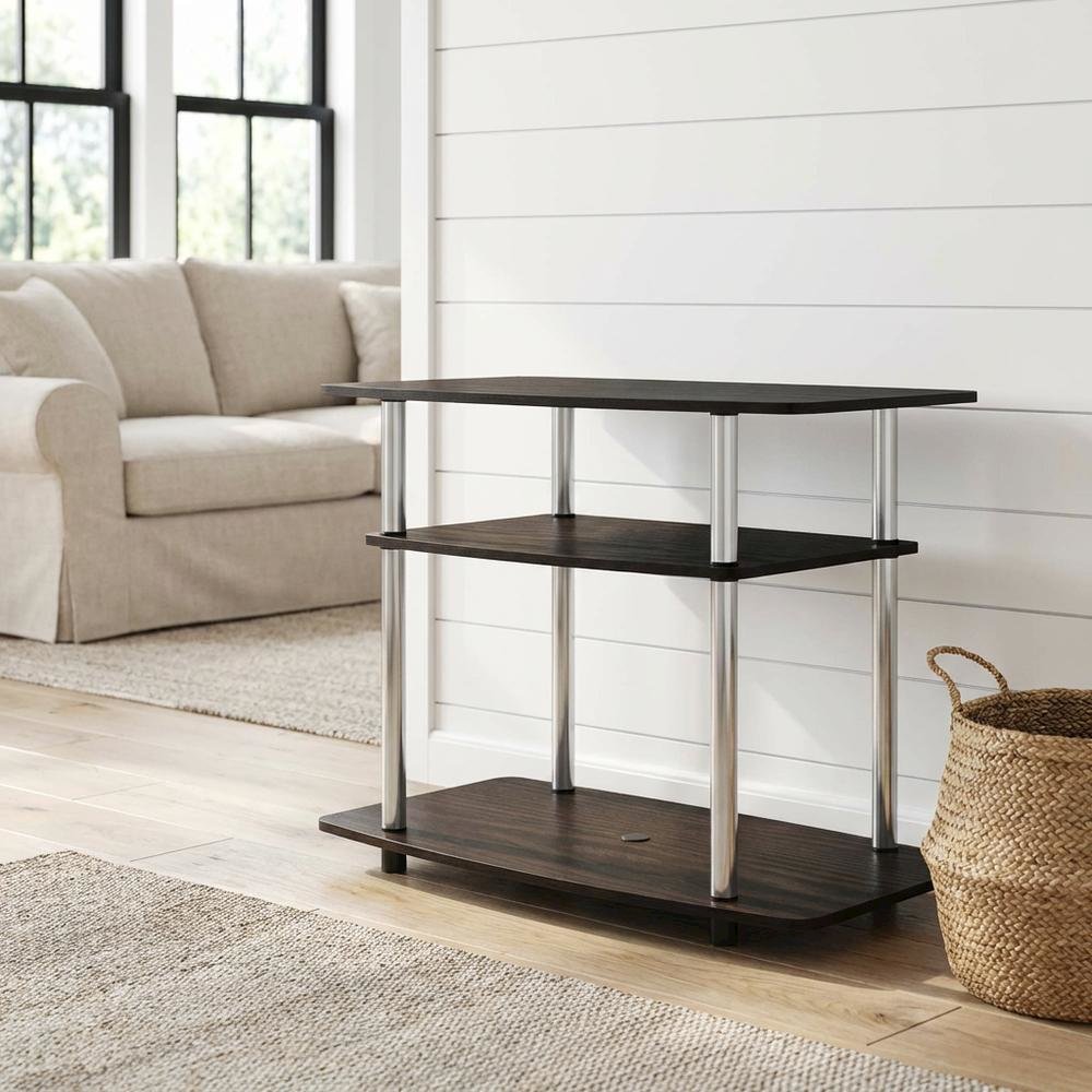 Wood TV stand in Americano, Chrome finish, three-tier shelving, media storage