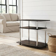 Wood TV stand in Americano, Chrome finish, three-tier shelving, media storage