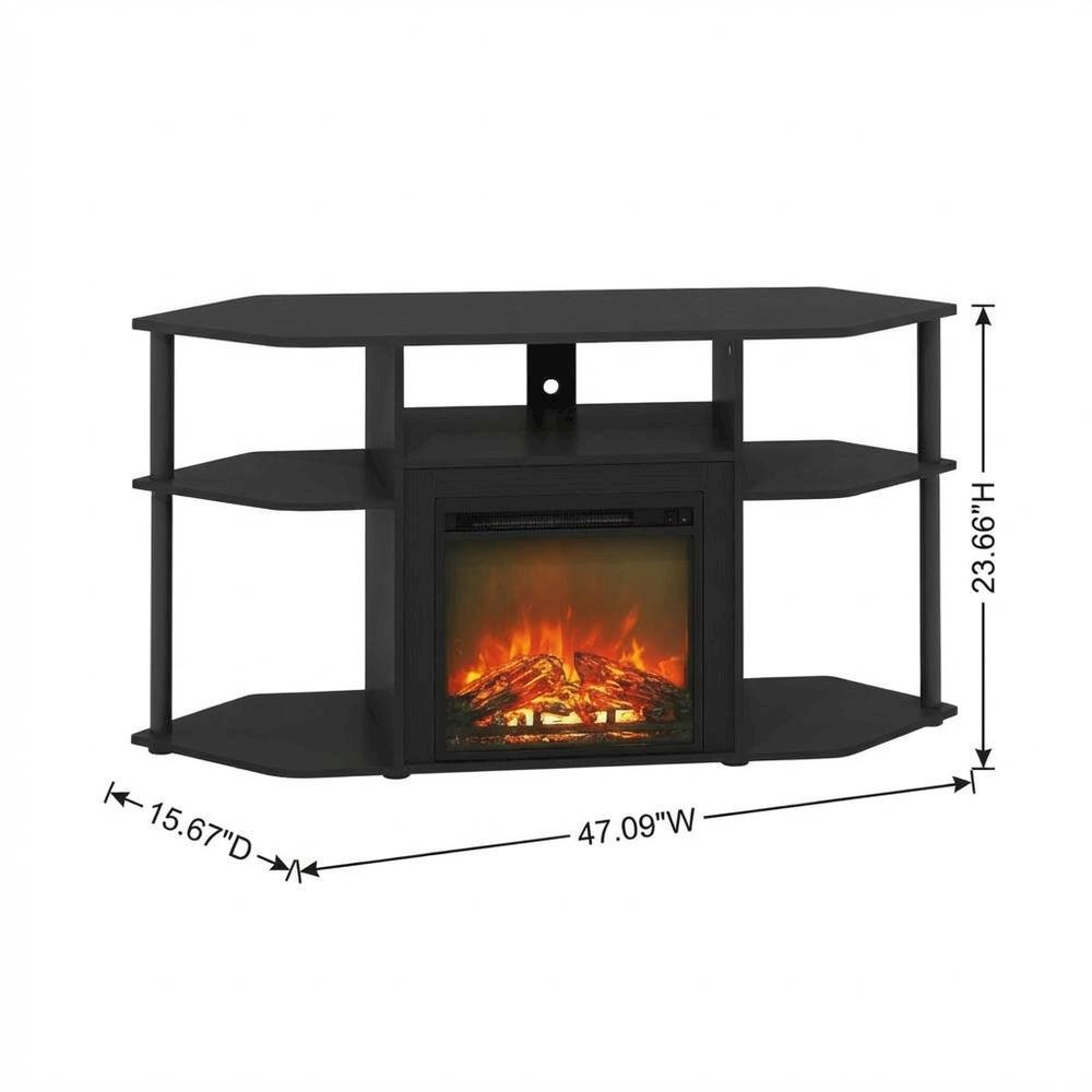 Brown open storage corner fireplace TV stand, 55-inch TVs, wood, veneer finish