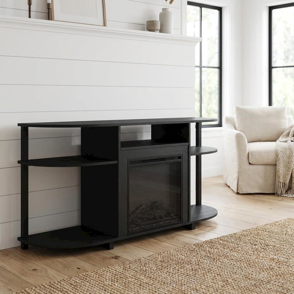 Brown Fireplace TV Stand with Rubberwood and Walnut Veneers for 55 Inch TVs
