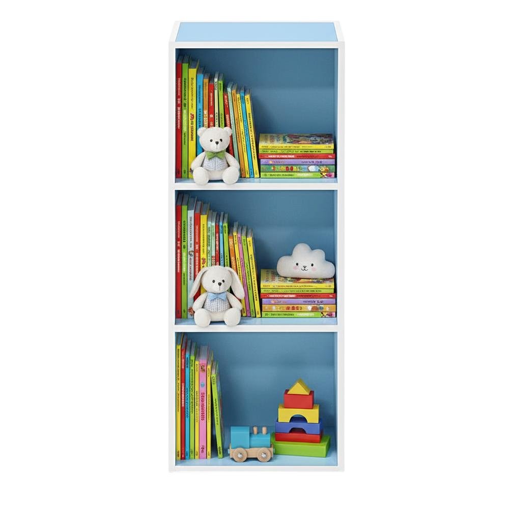 White and Light Blue 3-Tier Open Shelf Bookcase with Spacious Storage