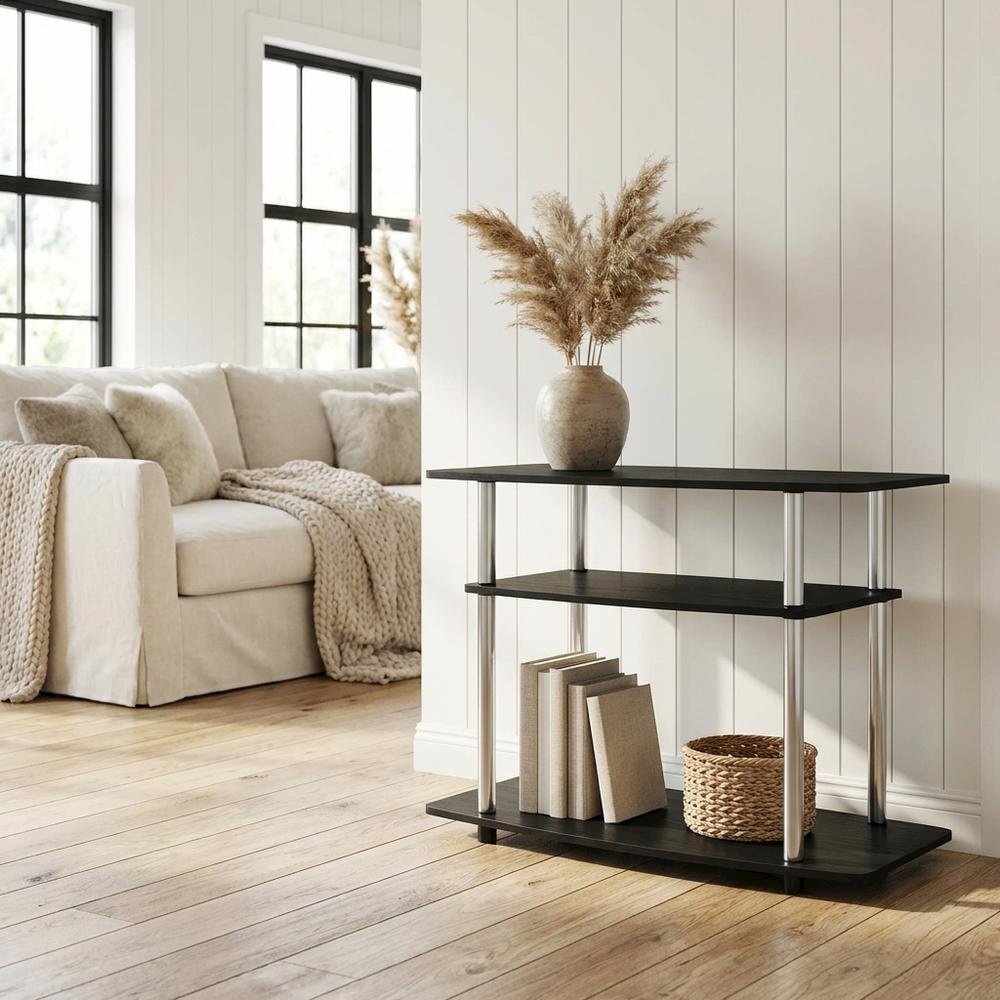 Wood TV stand in Americano, Chrome finish, three-tier shelving, media storage