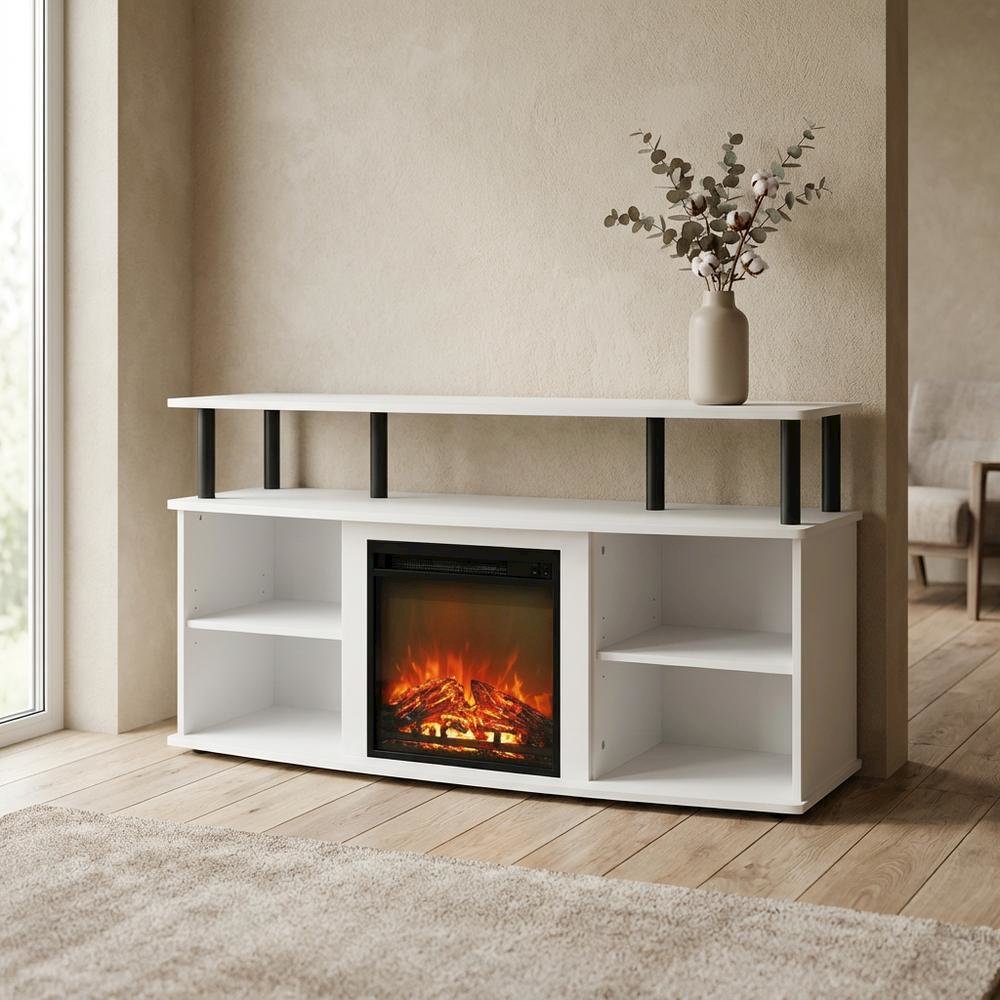 White open shelving, fireplace entertainment center, 55-inch TVs, rubberwood