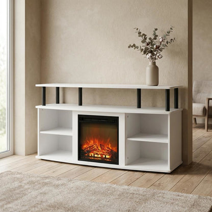 White open shelving, fireplace entertainment center, 55-inch TVs, rubberwood