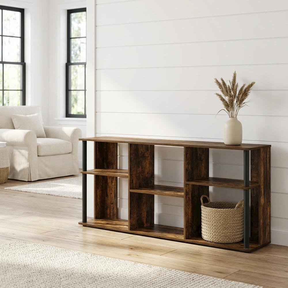 Wooden TV stand with black and amber pine finish for TVs up to 65 inches