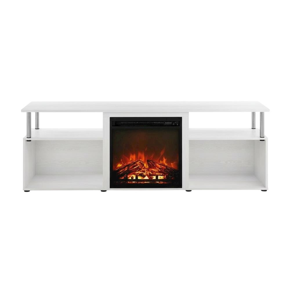 White Oak, Chrome Fireplace Entertainment Center, TVs up to 70 Inches