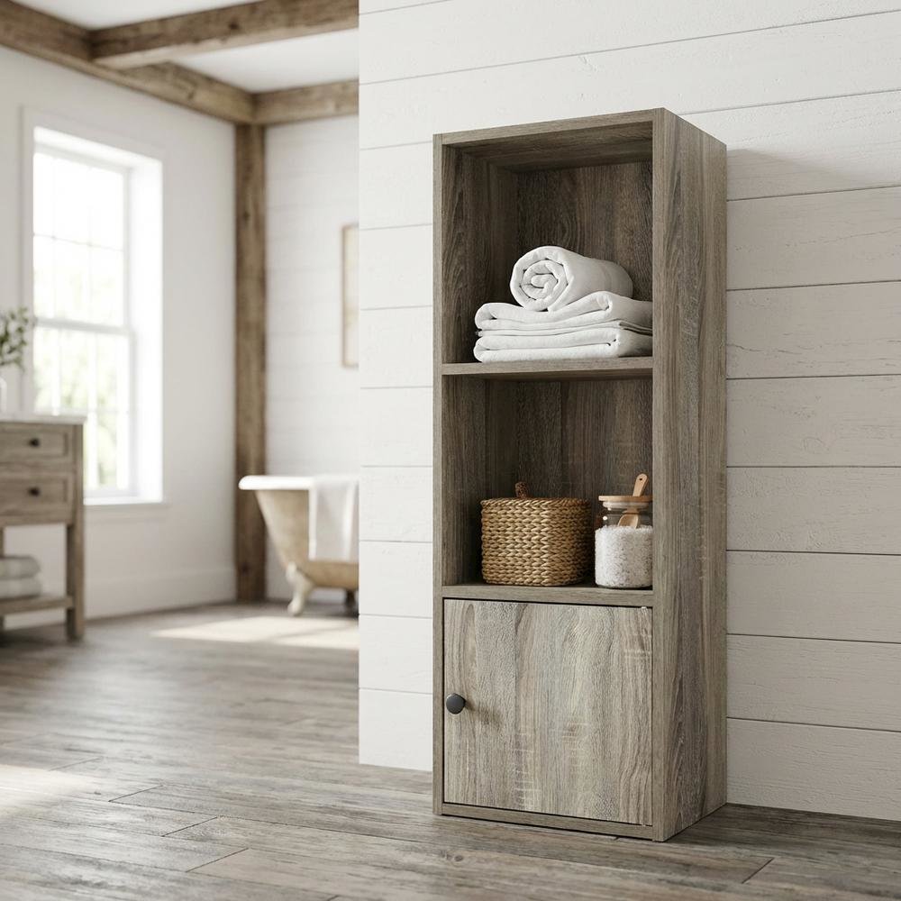 Wooden 3-Tier Shelf Bookcase with Door Storage in French Oak Finish