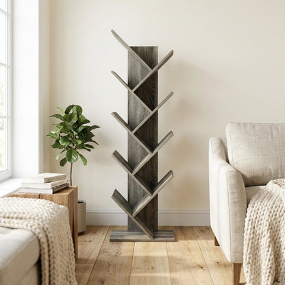 Grey Oak 9-Tier Floor Standing Bookcase with Sturdy Wood Construction
