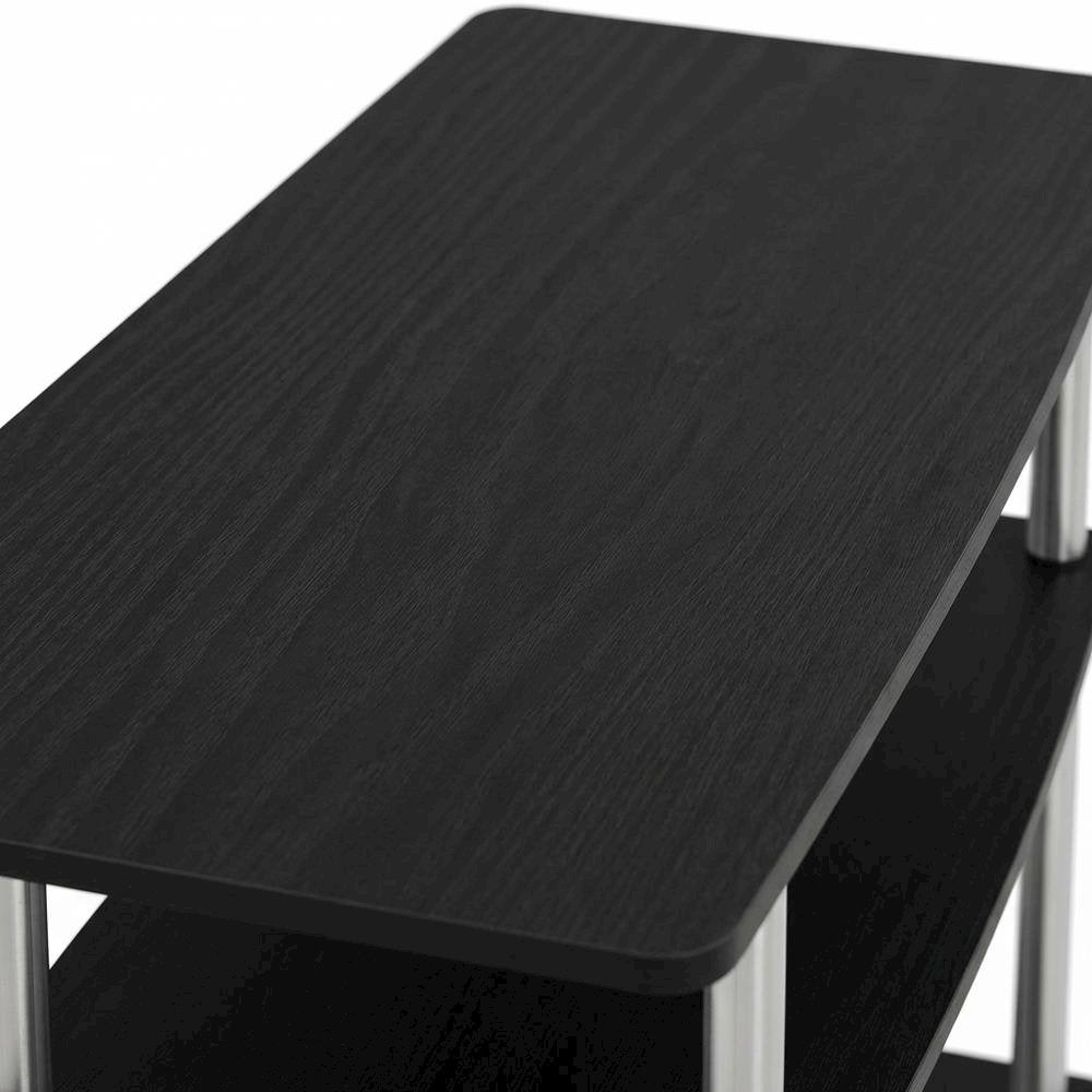 Wood TV stand in Americano, Chrome finish, three-tier shelving, media storage