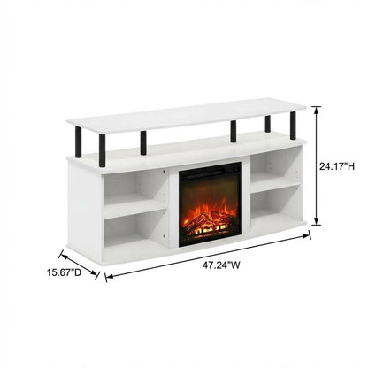 White open shelving, fireplace entertainment center, 55-inch TVs, rubberwood