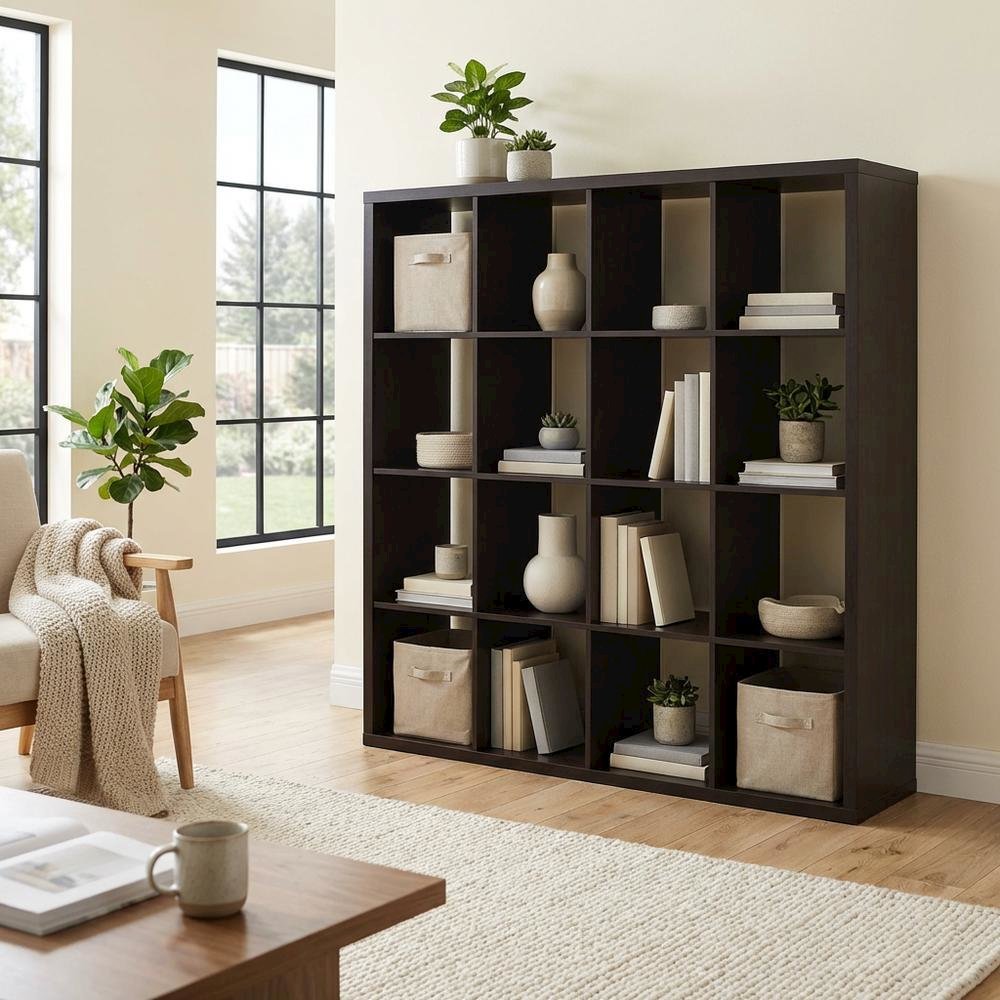 Wooden bookcase with open shelving for versatile storage