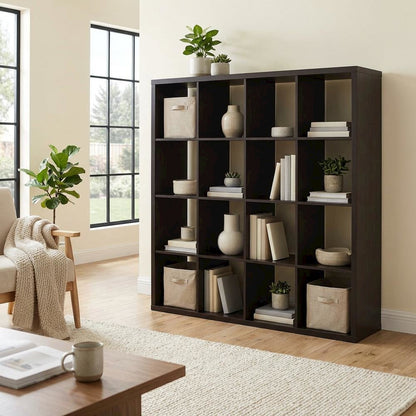 Wooden bookcase with open shelving for versatile storage