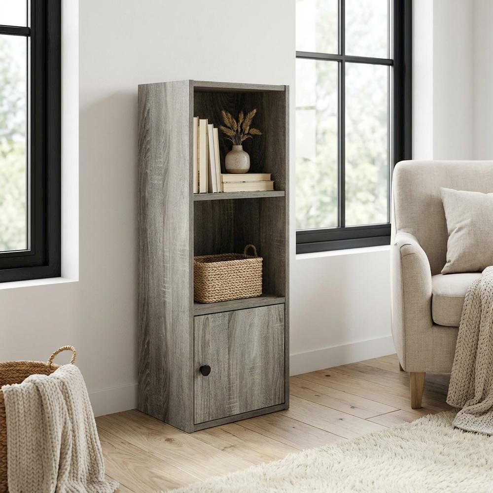 Wooden 3-Tier Shelf Bookcase with Door Storage in French Oak Finish