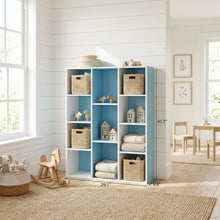 Reversible Open Shelf Bookcase in White and Light Blue with Wood Construction