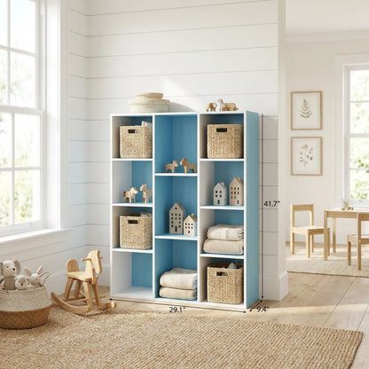 Reversible Open Shelf Bookcase in White and Light Blue with Wood Construction