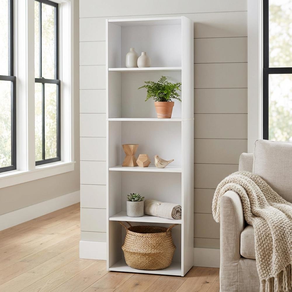 Reversible 5-Tier White Open Shelf Bookcase for Storage and Organization