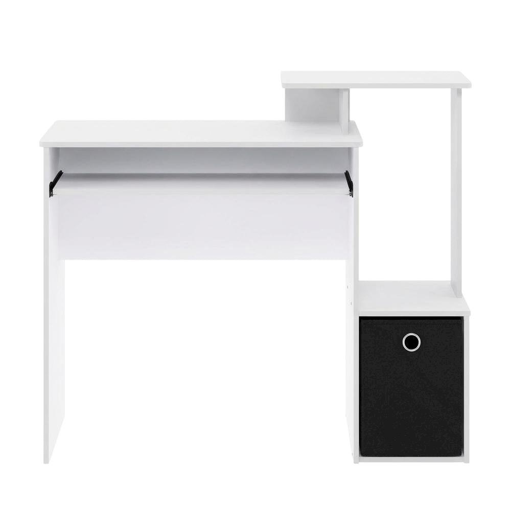 White gaming desk with keyboard tray, side shelves,, storage bin for home office
