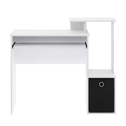 White gaming desk with keyboard tray, side shelves,, storage bin for home office