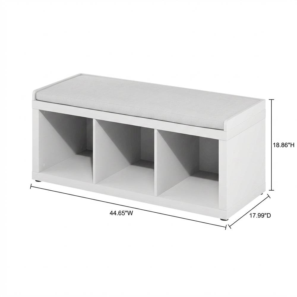 White 3-Cube Storage Bench, Cushioned Seat, Open Compartments, Entryway Bench