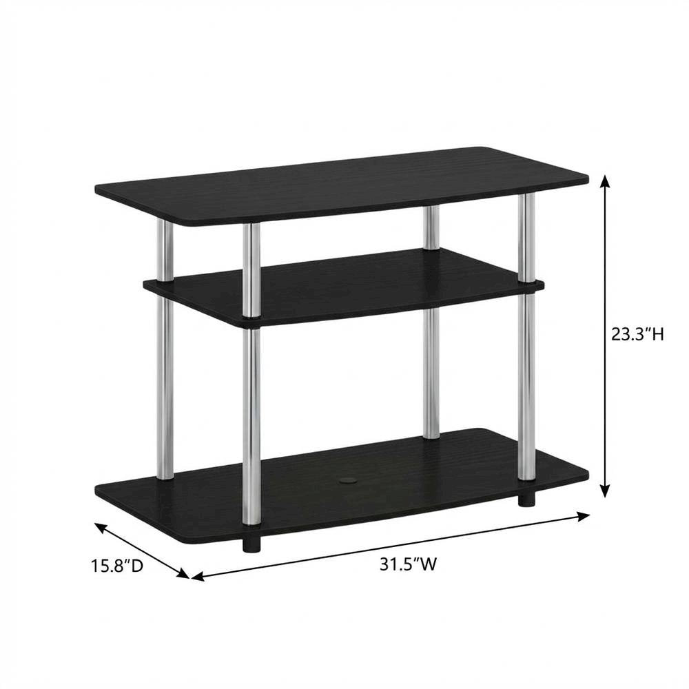 Wood TV stand in Americano, Chrome finish, three-tier shelving, media storage
