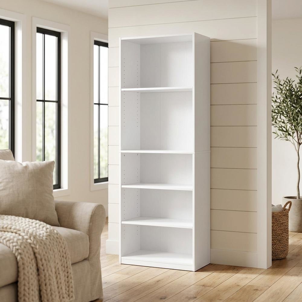 White 5-Shelf Bookcase with Sturdy Shelving for Living Room Storage