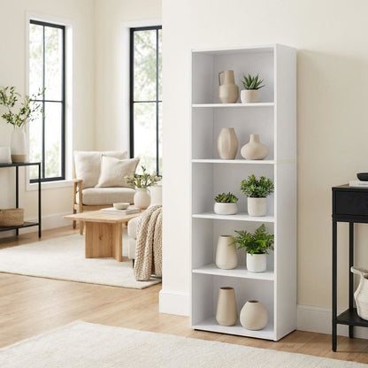 Reversible 5-Tier White Open Shelf Bookcase for Storage and Organization