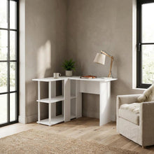White L-Shape Desk with Bookshelf and Spacious Workspace