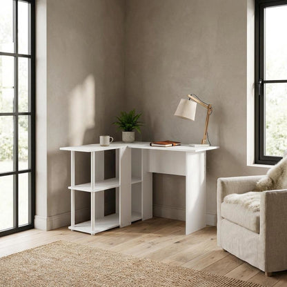 White L-Shape Desk with Bookshelf and Spacious Workspace