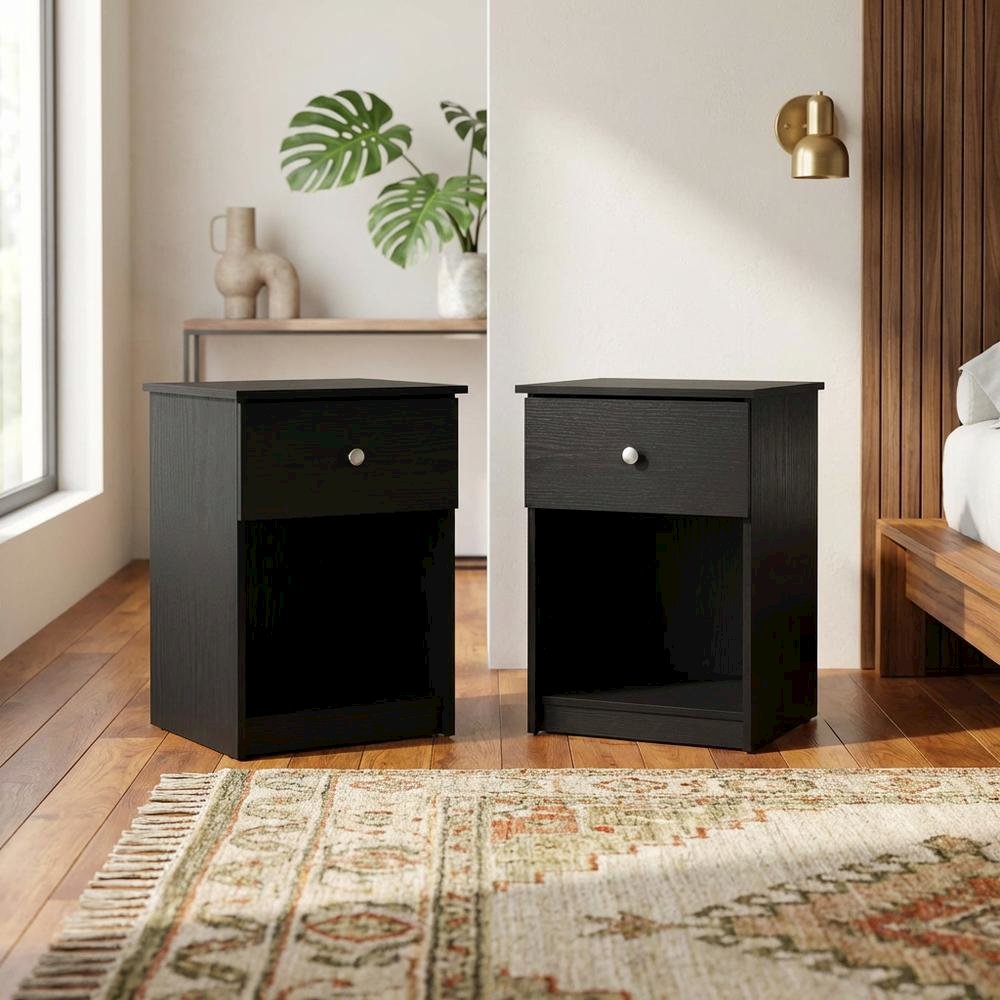 Black Wood Nightstand Set with Drawer - Modern Bedside Storage