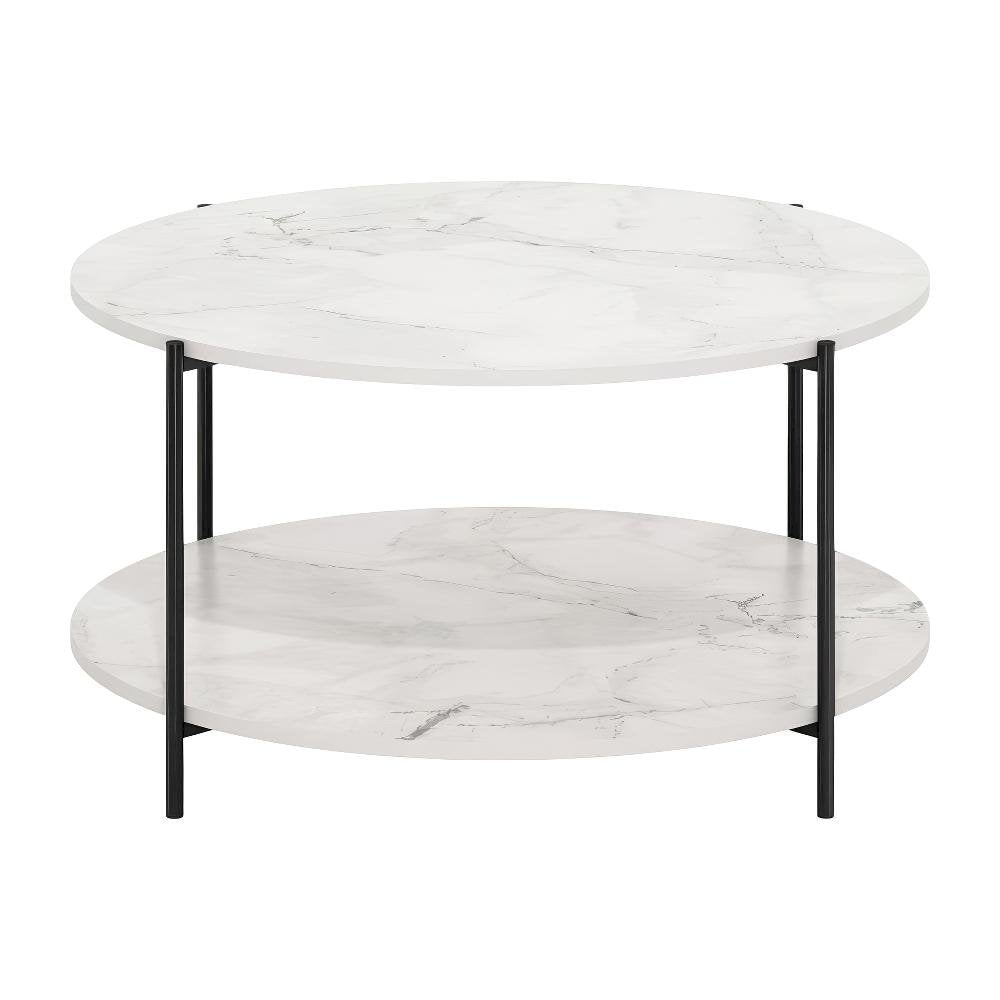 Round Marble White 2-Tier Coffee Table with Sturdy Metal Legs and Storage Space