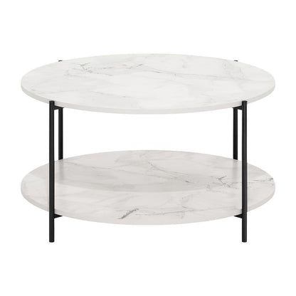 Round Marble White 2-Tier Coffee Table with Sturdy Metal Legs and Storage Space