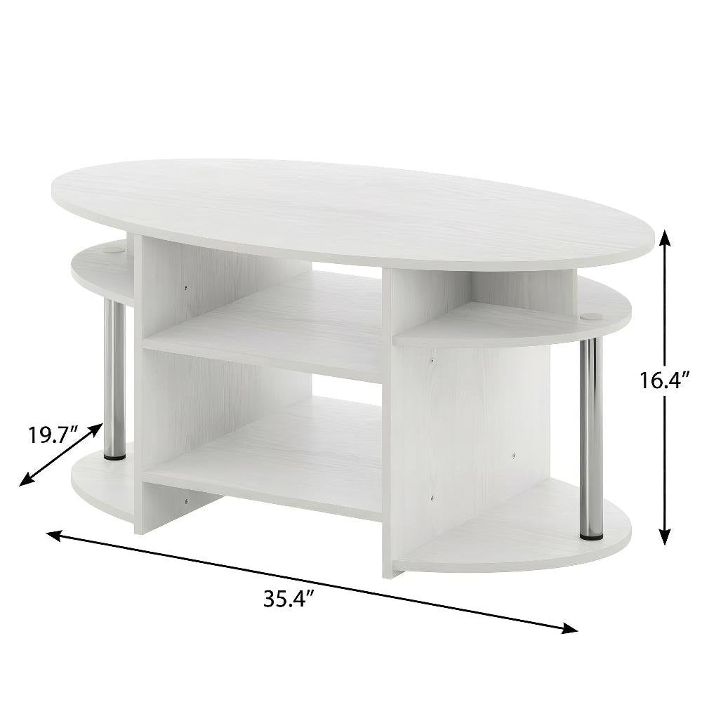 White Oak Oval Coffee Table with Storage Bin and Stainless Steel Tubes