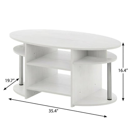 White Oak Oval Coffee Table with Storage Bin and Stainless Steel Tubes