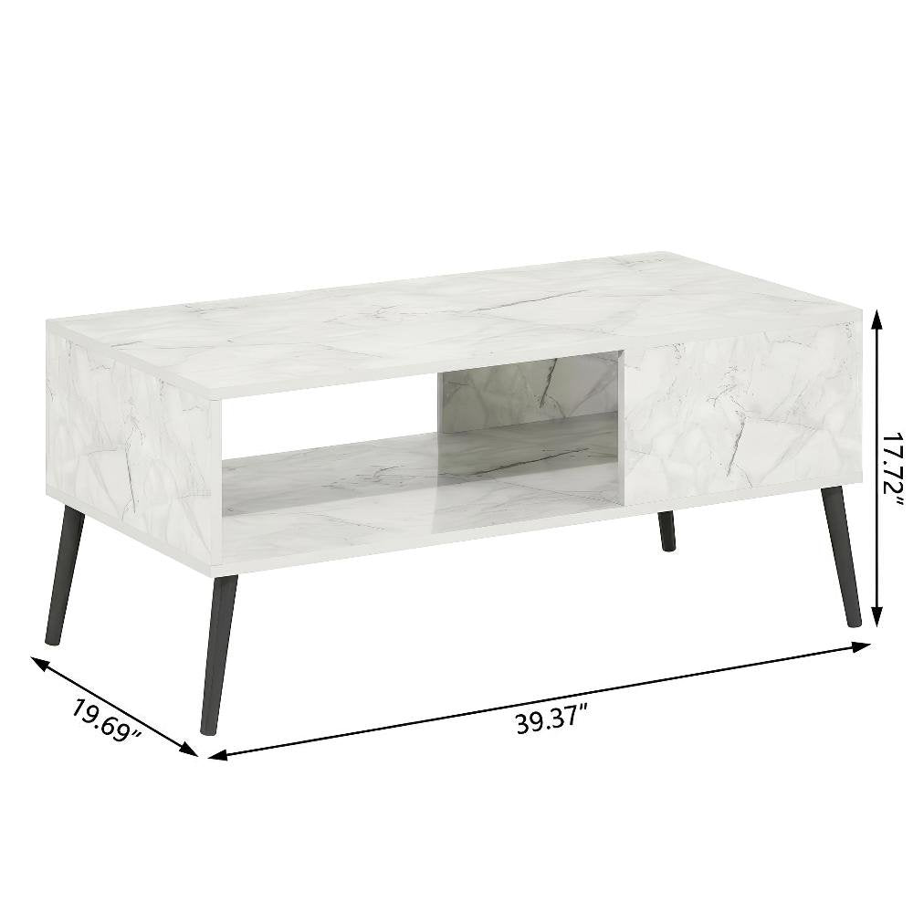 Marble White Coffee Table with Wood Legs Mid Century Style Design