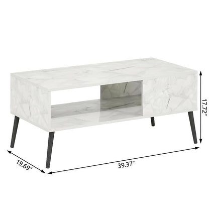 Marble White Coffee Table with Wood Legs Mid Century Style Design