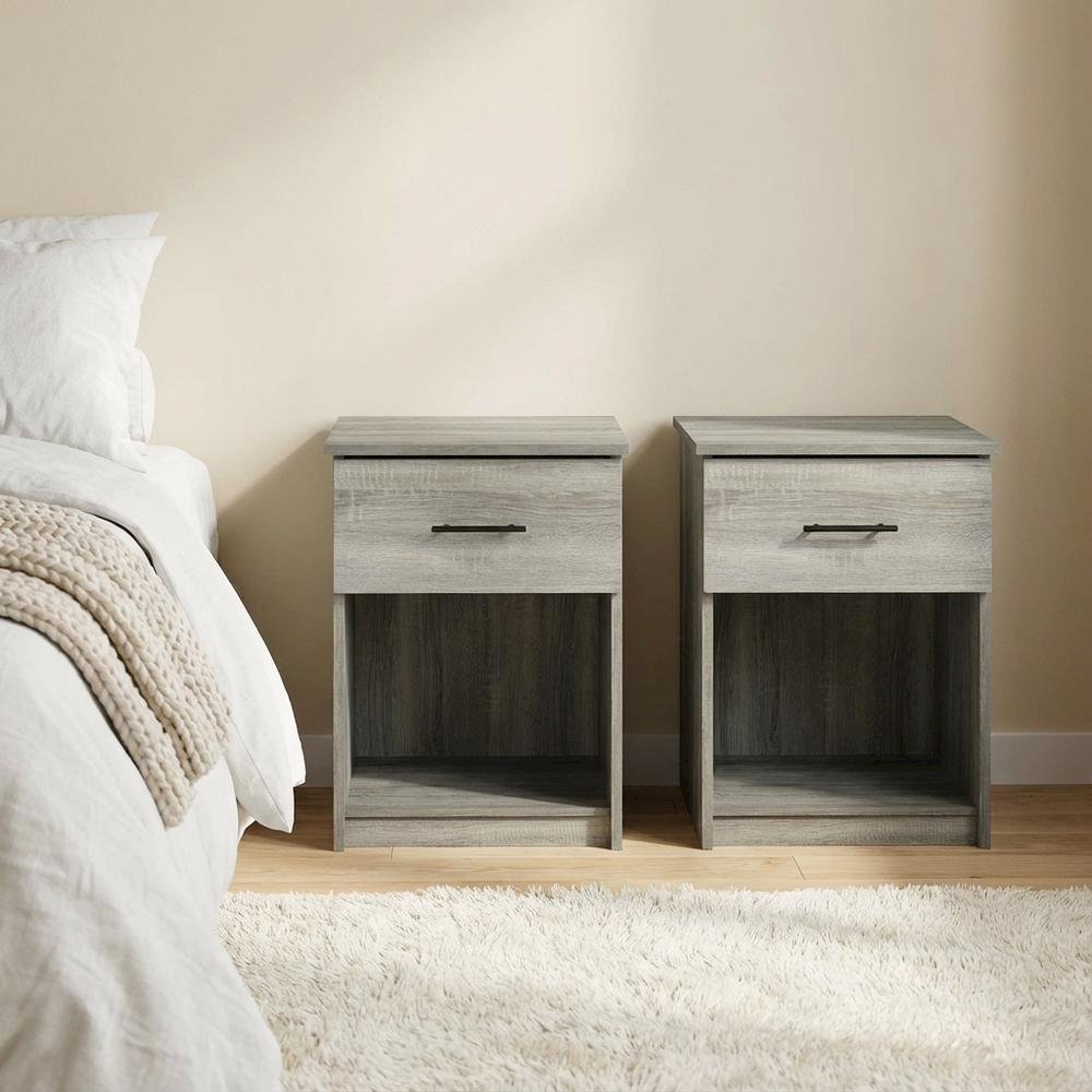 French Oak Grey Nightstand with Handle, Set of 2, Modern Bedroom Storage