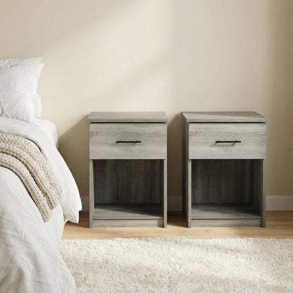 French Oak Grey Nightstand with Handle, Set of 2, Modern Bedroom Storage