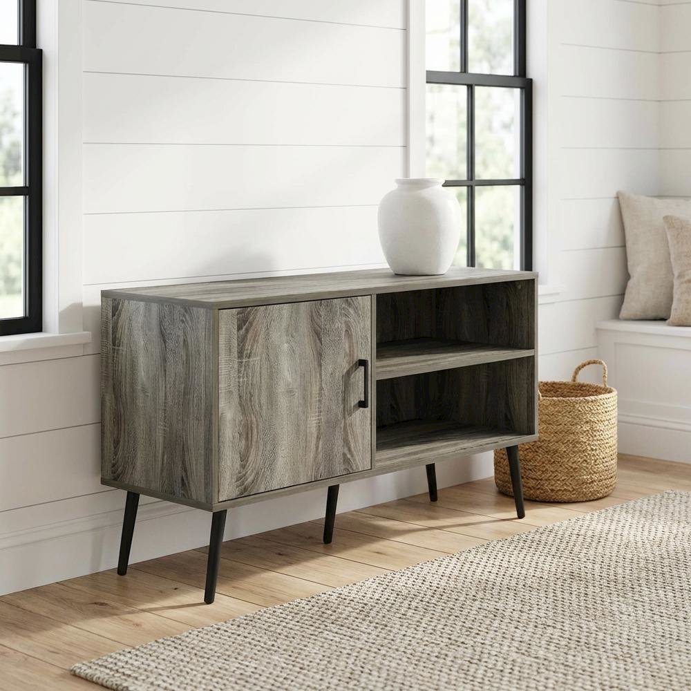 Mid Century Style TV Stand, Wood Legs, French Oak Grey Finish, Single Cabinet