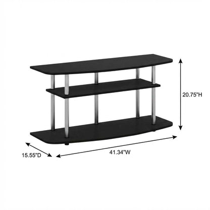 Wood TV stand in black oak finish, 3-tier open shelves, living room storage