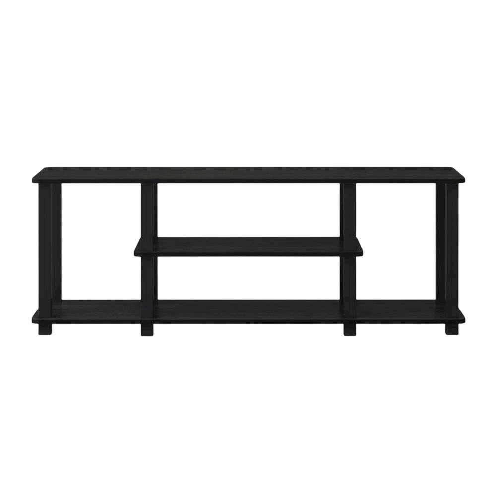 Black wood TV stand,  3-tier design, square tube frame, entertainment setup