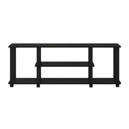 Black wood TV stand,  3-tier design, square tube frame, entertainment setup