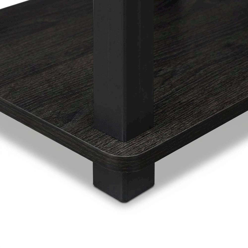 Black wood TV stand,  3-tier design, square tube frame, entertainment setup