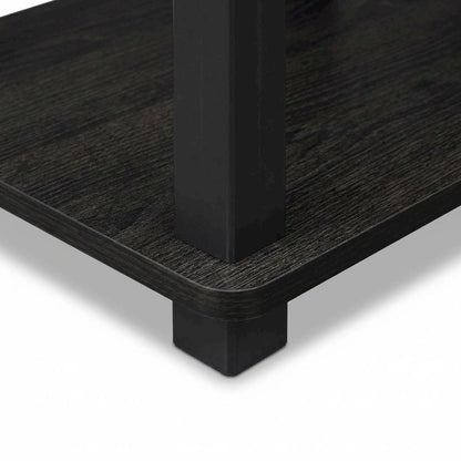 Black wood TV stand,  3-tier design, square tube frame, entertainment setup